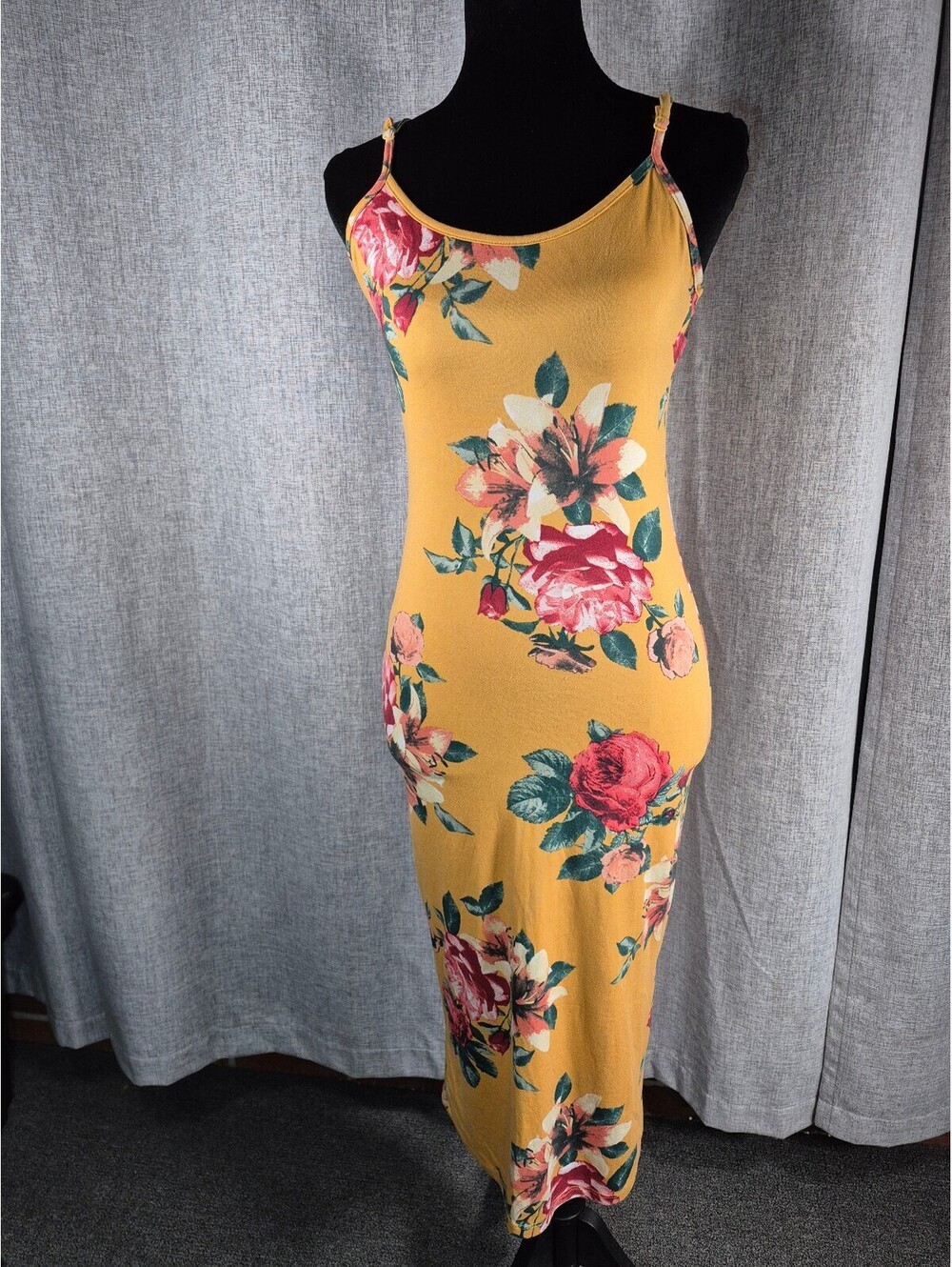 Fashion Nova Medium Mustard Floral Bodycon Midi Dress Adjustable Straps